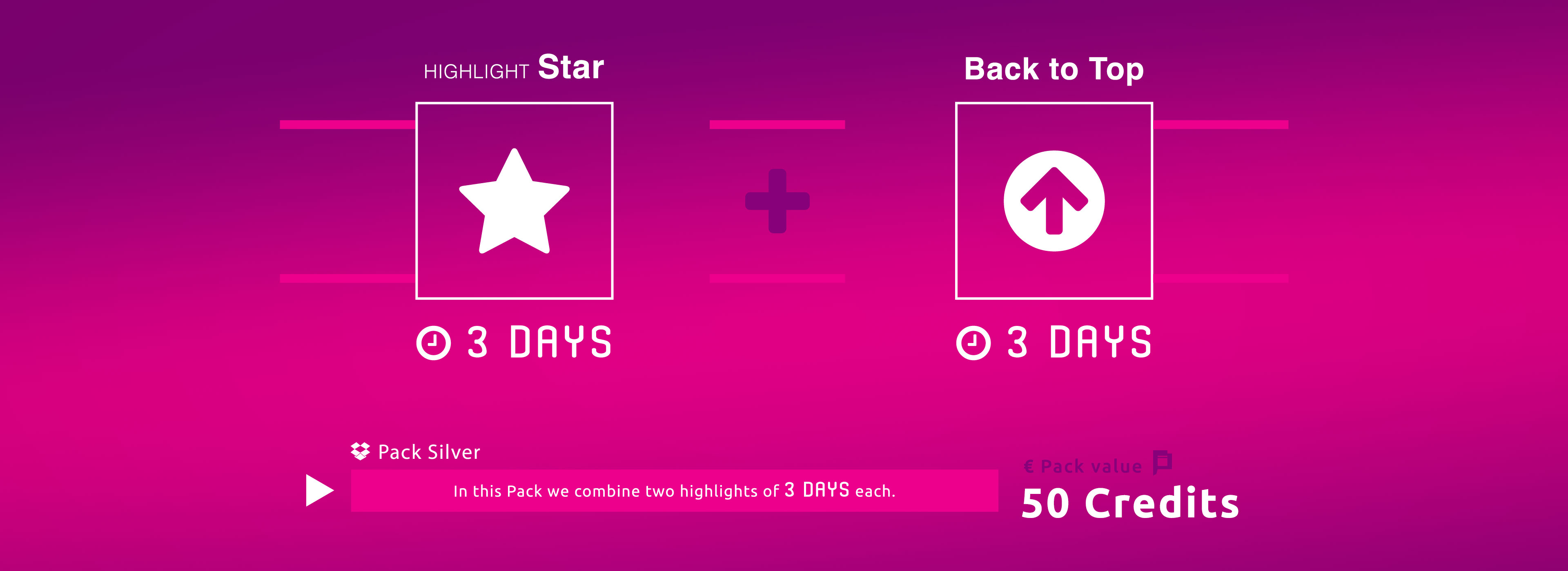 With Silver Pack your ad will be published with 1 Star Highlight for 3 days plus 1 Back to Top Highlights for 3 days. For the total valid period of 6 days your ad will always be highlighted.