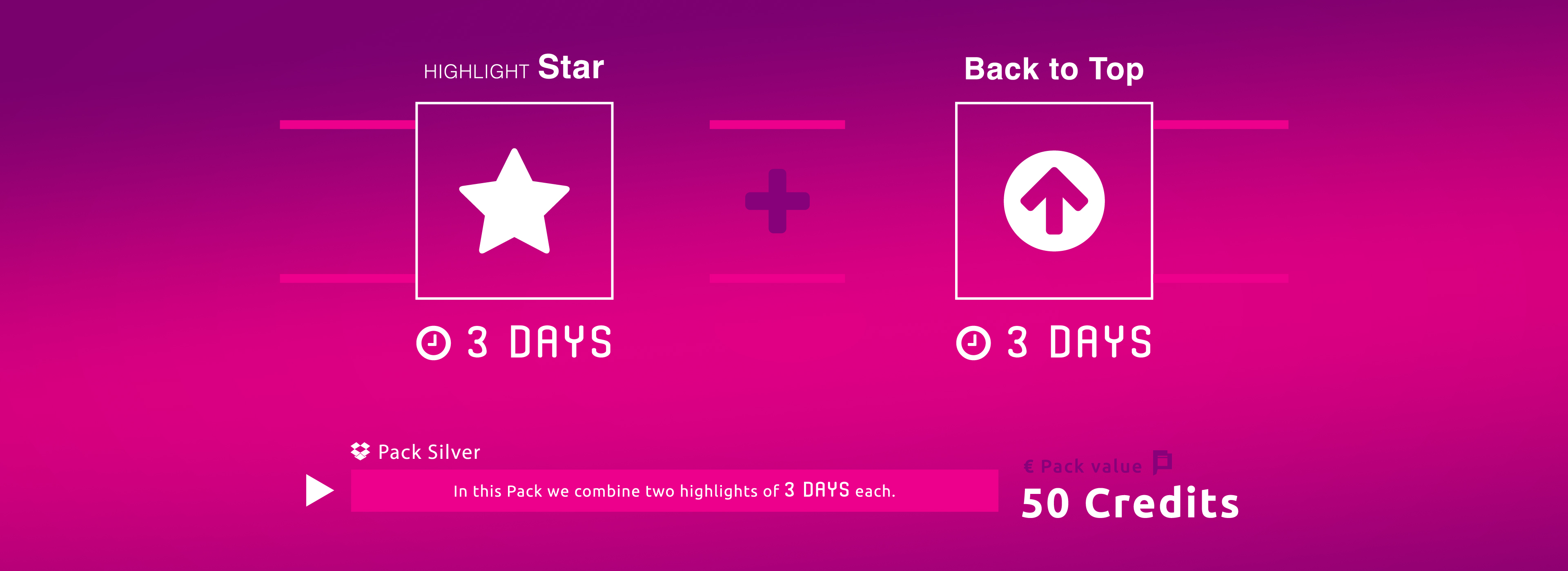 With Silver Pack your ad will be published with 1 Star Highlight for 3 days plus 1 Back to Top Highlights for 3 days. For the total valid period of 6 days your ad will always be highlighted.